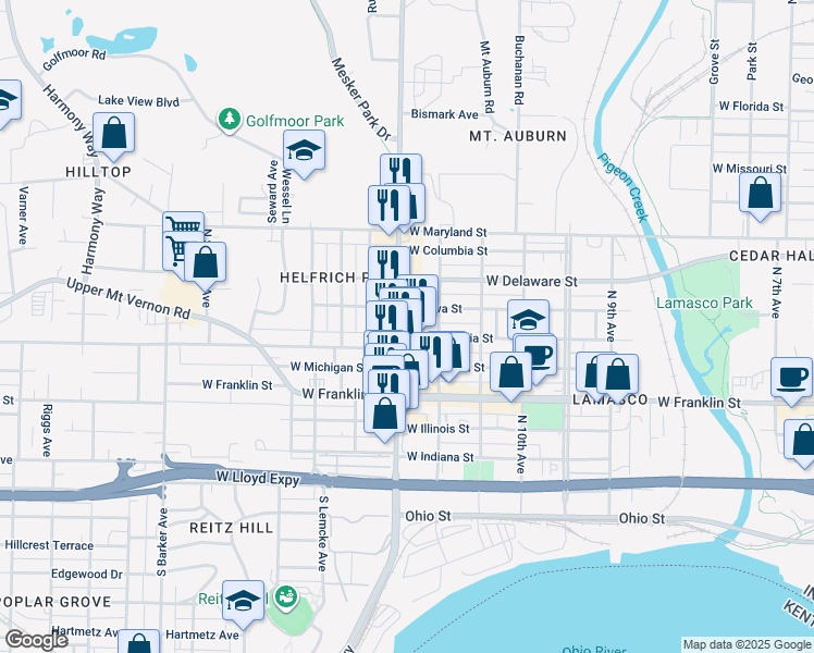 map of restaurants, bars, coffee shops, grocery stores, and more near 2335 West Virginia Street in Evansville