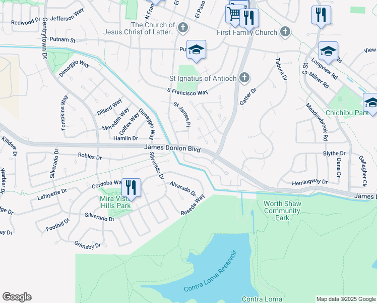 map of restaurants, bars, coffee shops, grocery stores, and more near 1111 James Donlon Boulevard in Antioch