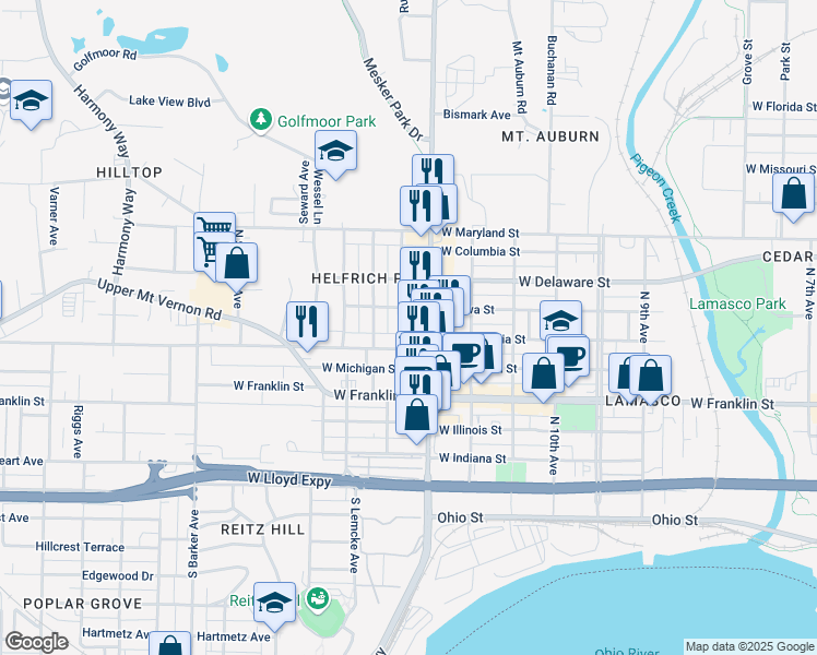 map of restaurants, bars, coffee shops, grocery stores, and more near 525 Hess Avenue in Evansville