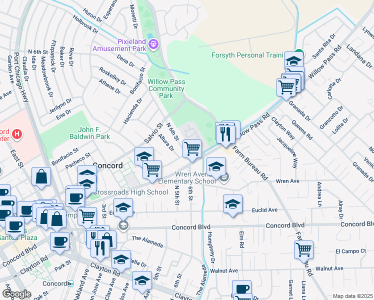 map of restaurants, bars, coffee shops, grocery stores, and more near 1930 North 6th Street in Concord