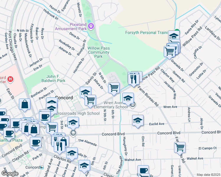 map of restaurants, bars, coffee shops, grocery stores, and more near 1930 North 6th Street in Concord