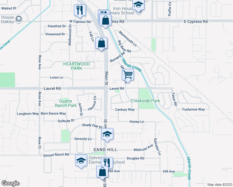 map of restaurants, bars, coffee shops, grocery stores, and more near 349 Oak Glen Drive in Oakley