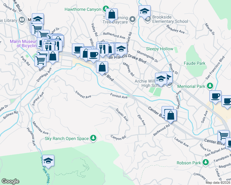 map of restaurants, bars, coffee shops, grocery stores, and more near 11 Glen Road in San Anselmo