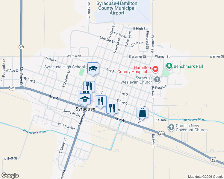 map of restaurants, bars, coffee shops, grocery stores, and more near Ave D in Syracuse