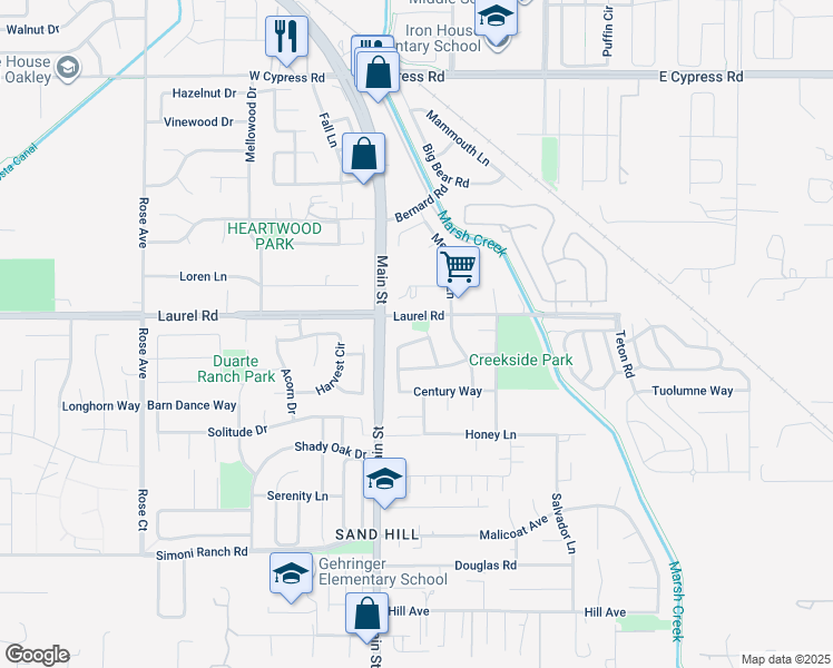 map of restaurants, bars, coffee shops, grocery stores, and more near 349 Oak Glen Drive in Oakley