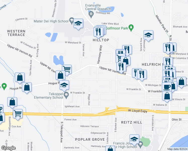 map of restaurants, bars, coffee shops, grocery stores, and more near 3180 Droll Avenue in Evansville