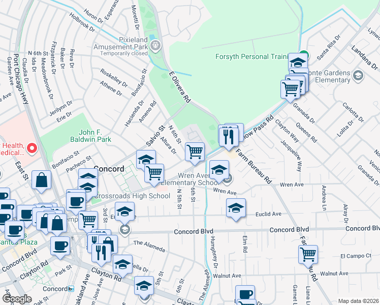map of restaurants, bars, coffee shops, grocery stores, and more near 1934 North 6th Street in Concord
