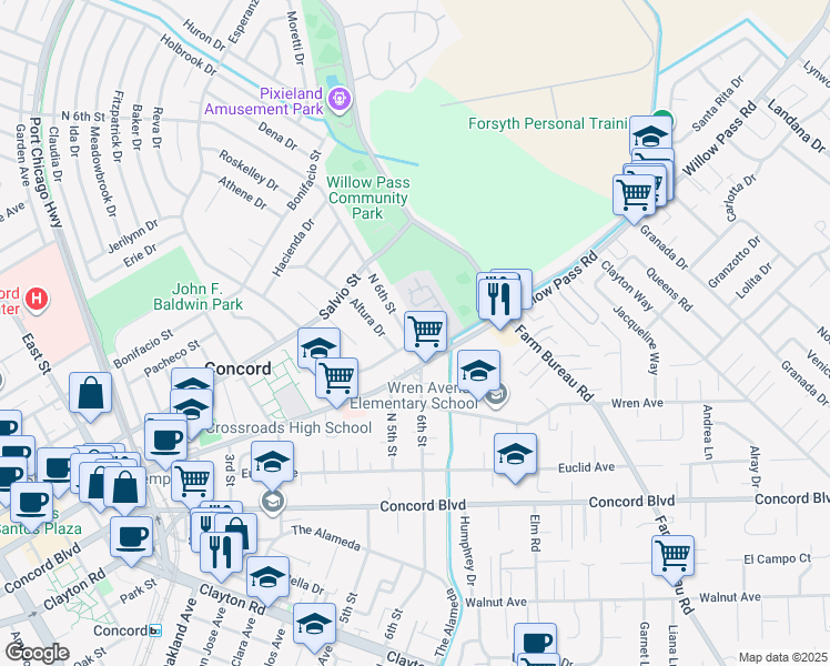 map of restaurants, bars, coffee shops, grocery stores, and more near 1930 North 6th Street in Concord