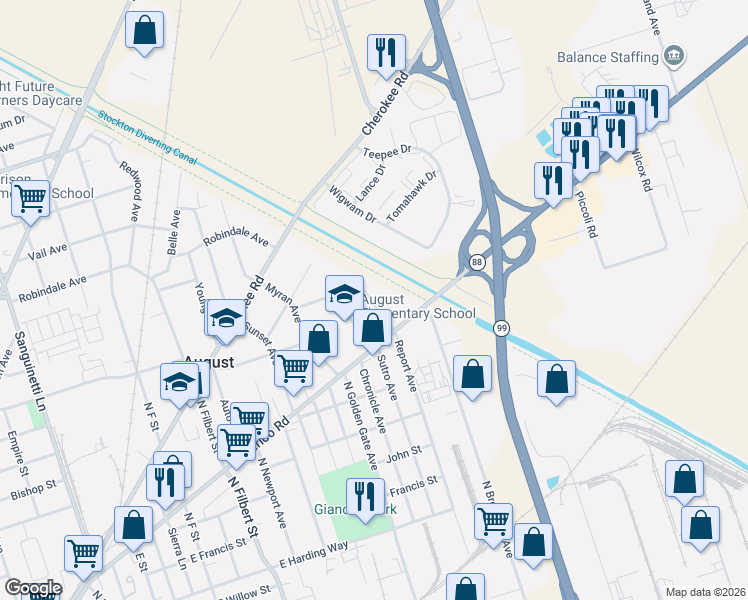 map of restaurants, bars, coffee shops, grocery stores, and more near 2120 Report Avenue in Stockton