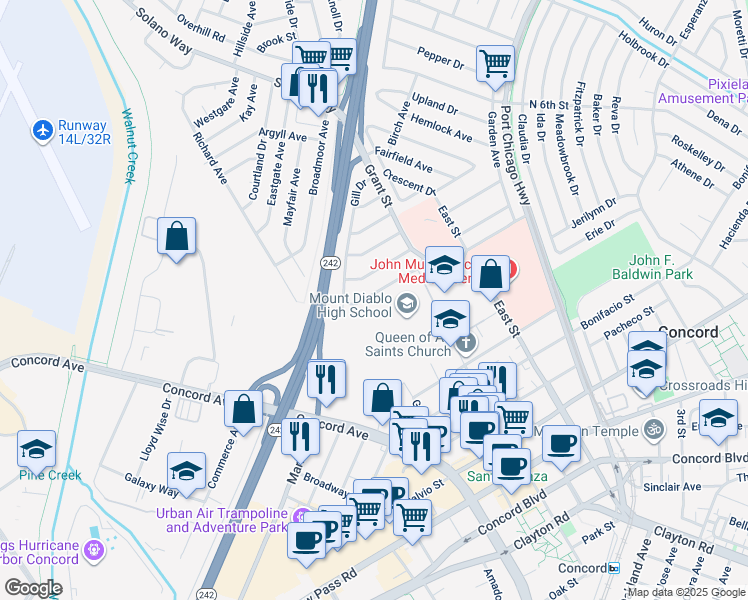 map of restaurants, bars, coffee shops, grocery stores, and more near 2115 Gill Drive in Concord