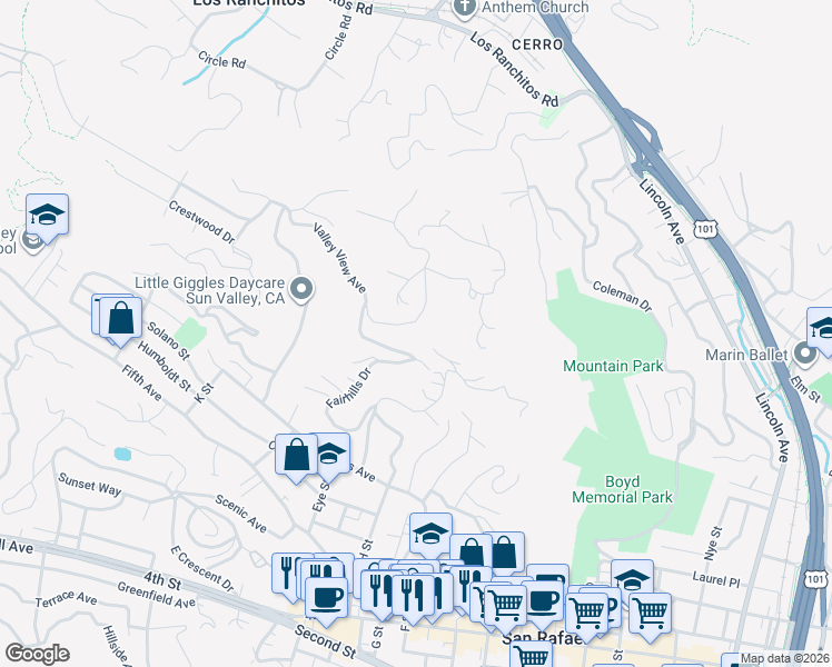 map of restaurants, bars, coffee shops, grocery stores, and more near 447 Fairhills Drive in San Rafael