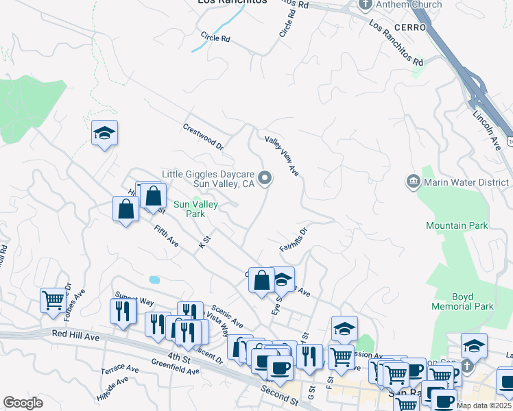 map of restaurants, bars, coffee shops, grocery stores, and more near 57 Elizabeth Way in San Rafael