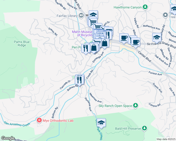 map of restaurants, bars, coffee shops, grocery stores, and more near 283 Bolinas Road in Fairfax