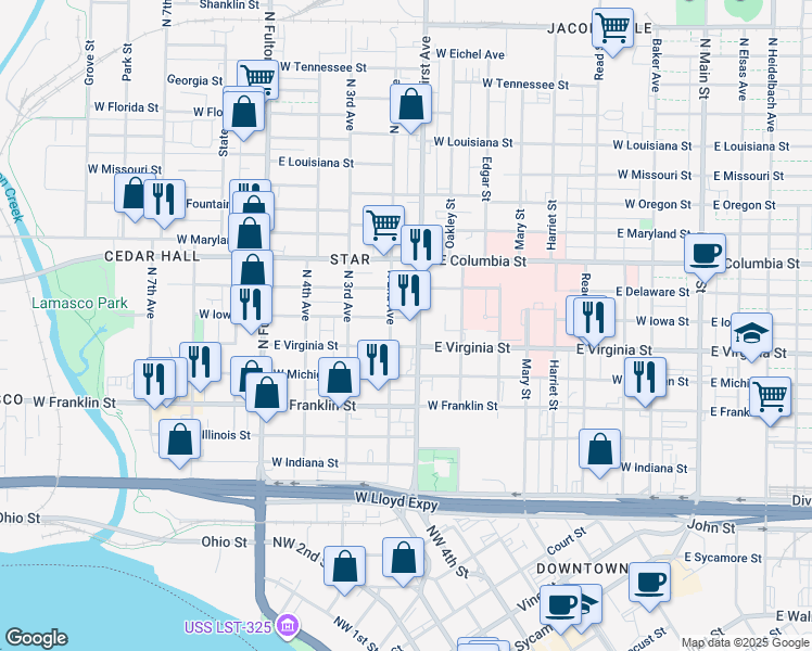 map of restaurants, bars, coffee shops, grocery stores, and more near in Evansville