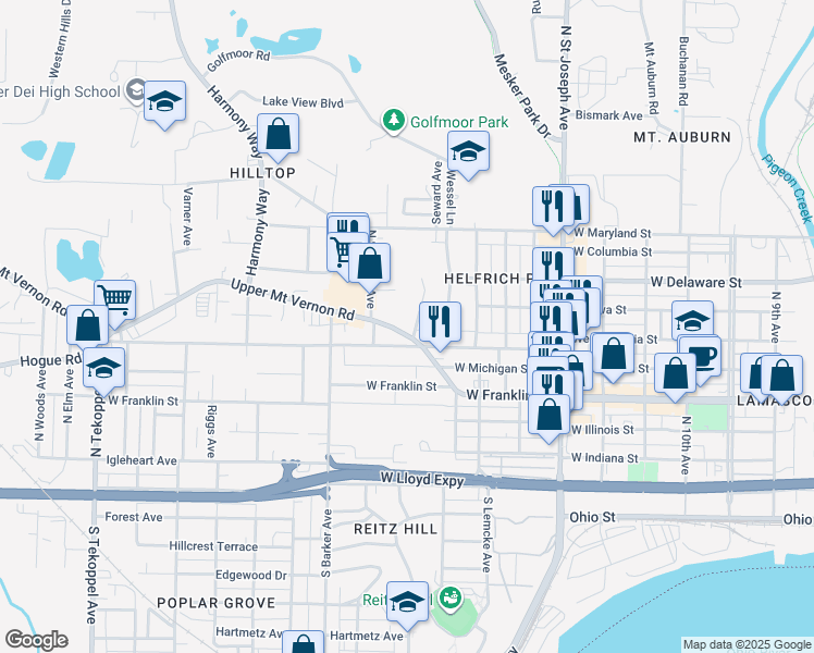 map of restaurants, bars, coffee shops, grocery stores, and more near 517 Helfrich Lane in Evansville