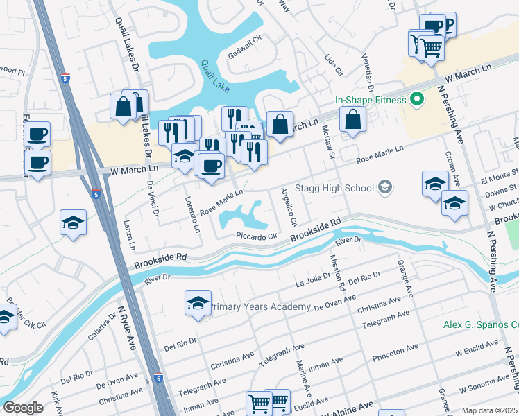 map of restaurants, bars, coffee shops, grocery stores, and more near 2125 Piccardo Court in Stockton