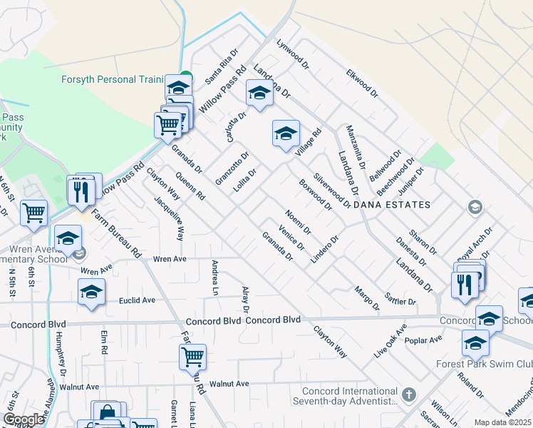 map of restaurants, bars, coffee shops, grocery stores, and more near 3619 La Mirada Drive in Concord