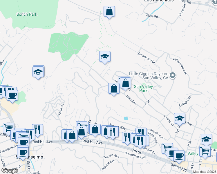 map of restaurants, bars, coffee shops, grocery stores, and more near 5 Racquet Club Drive in San Rafael