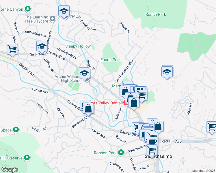 map of restaurants, bars, coffee shops, grocery stores, and more near 1116 Sir Francis Drake Boulevard in San Anselmo