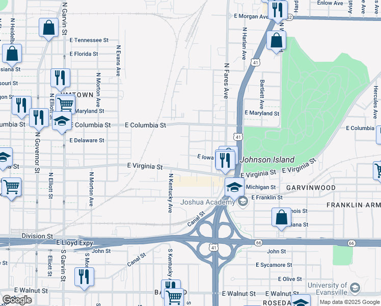 map of restaurants, bars, coffee shops, grocery stores, and more near 1100 East Iowa Street in Evansville