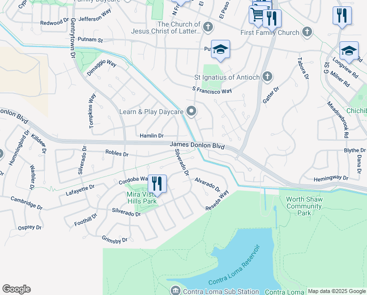 map of restaurants, bars, coffee shops, grocery stores, and more near 2004 Quesada Court in Antioch