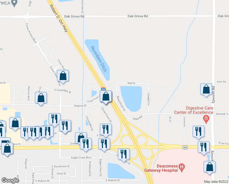 map of restaurants, bars, coffee shops, grocery stores, and more near 646 Beachfront Drive in Evansville