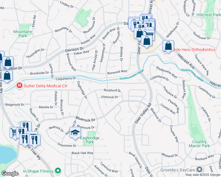 map of restaurants, bars, coffee shops, grocery stores, and more near 3852 Rockford Drive in Antioch