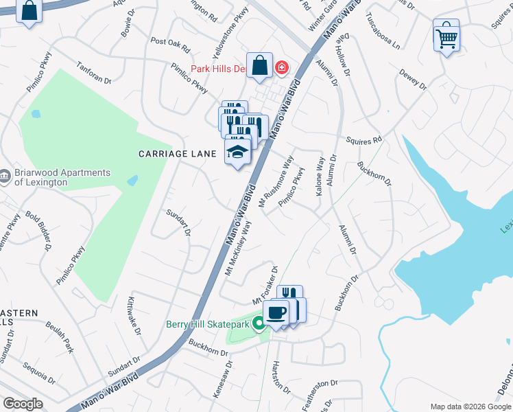 map of restaurants, bars, coffee shops, grocery stores, and more near 1165 Mount Rushmore Way in Lexington