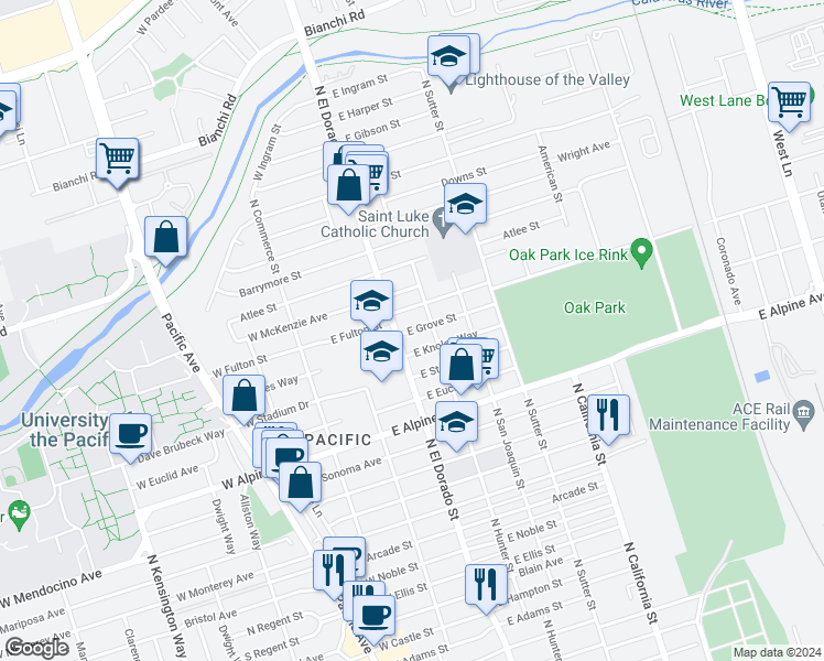 map of restaurants, bars, coffee shops, grocery stores, and more near 119 East Grove Street in Stockton