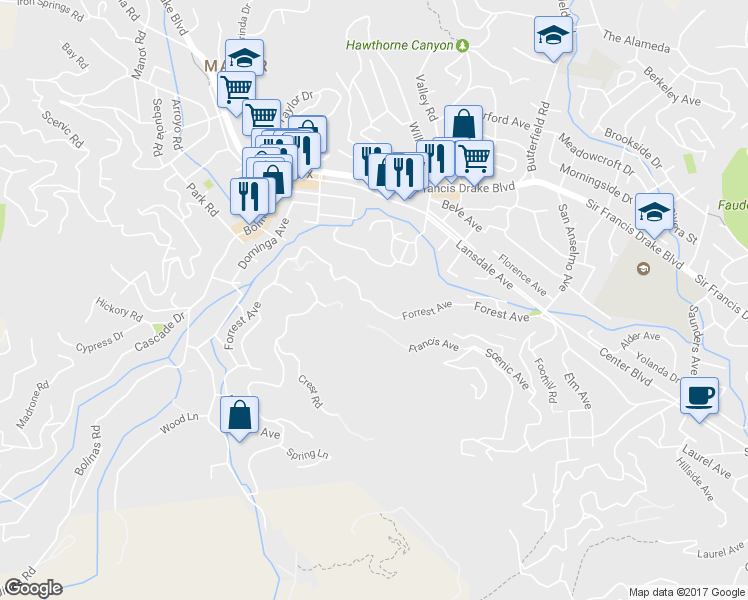map of restaurants, bars, coffee shops, grocery stores, and more near 186 Forrest Avenue in Fairfax