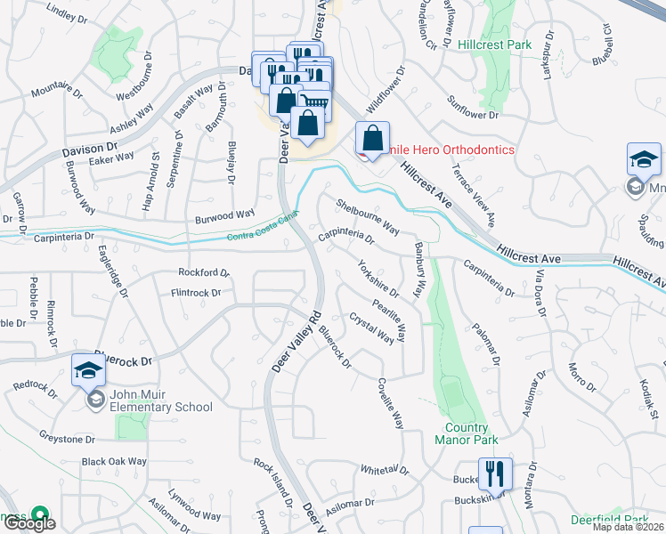 map of restaurants, bars, coffee shops, grocery stores, and more near 2313 Pearlite Court in Antioch