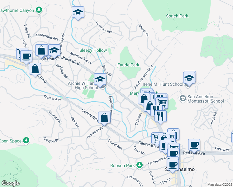 map of restaurants, bars, coffee shops, grocery stores, and more near 266 Saunders Avenue in San Anselmo