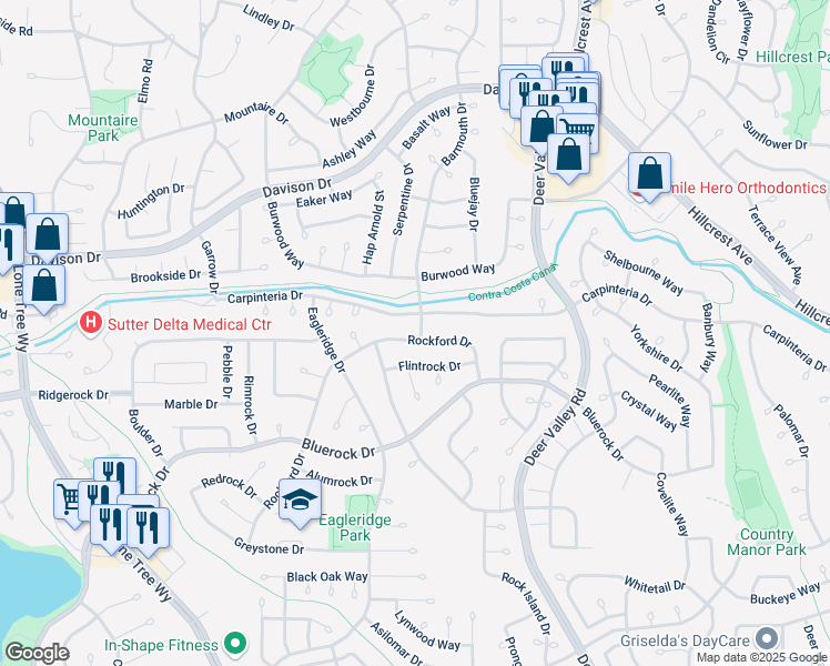 map of restaurants, bars, coffee shops, grocery stores, and more near 3900 Rockford Drive in Antioch