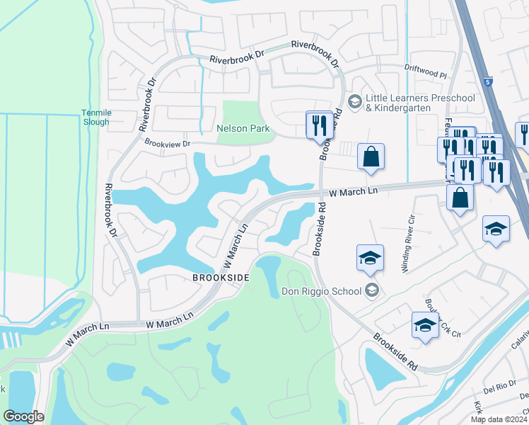 map of restaurants, bars, coffee shops, grocery stores, and more near 3614 Arrowhead Court in Stockton