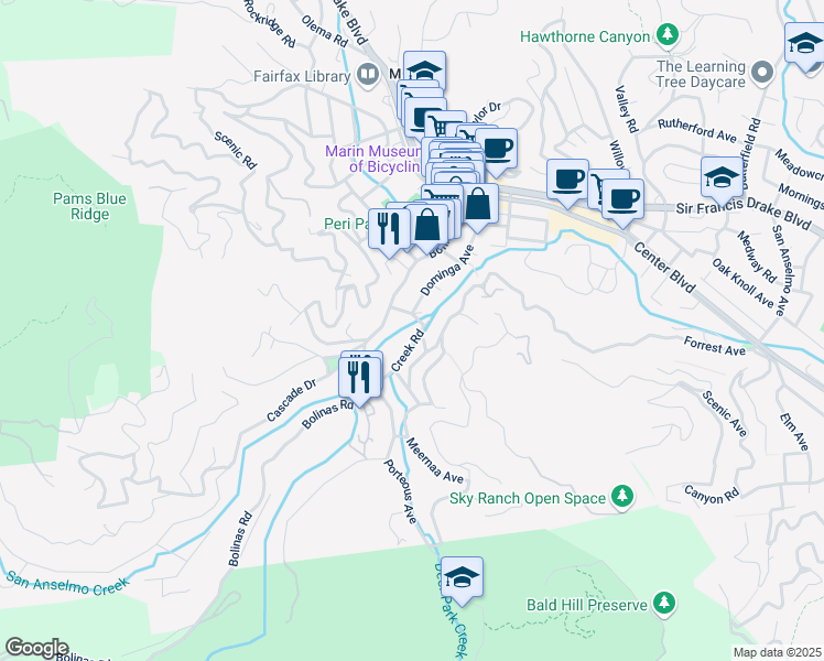 map of restaurants, bars, coffee shops, grocery stores, and more near 27 Creek Road in Fairfax