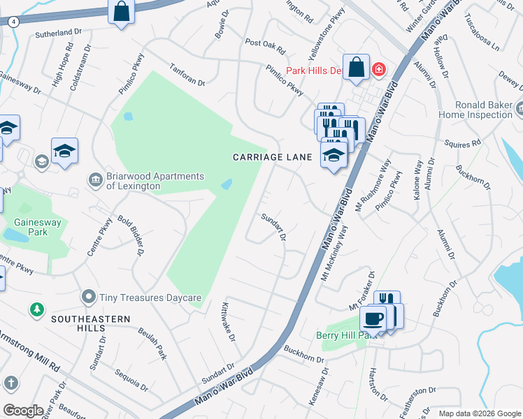 map of restaurants, bars, coffee shops, grocery stores, and more near 3337 Carriage Lane in Lexington