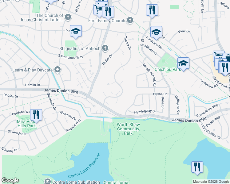 map of restaurants, bars, coffee shops, grocery stores, and more near 3537 Dameron Place in Antioch