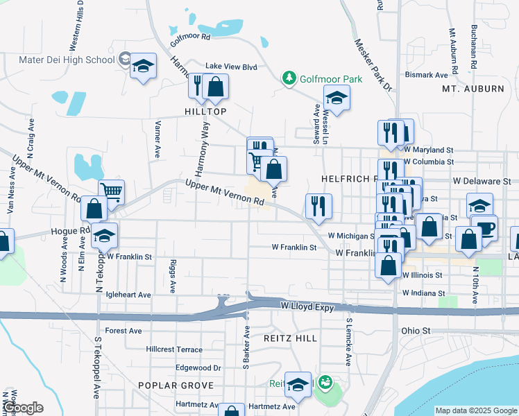map of restaurants, bars, coffee shops, grocery stores, and more near 2822 Mount Vernon Avenue in Evansville