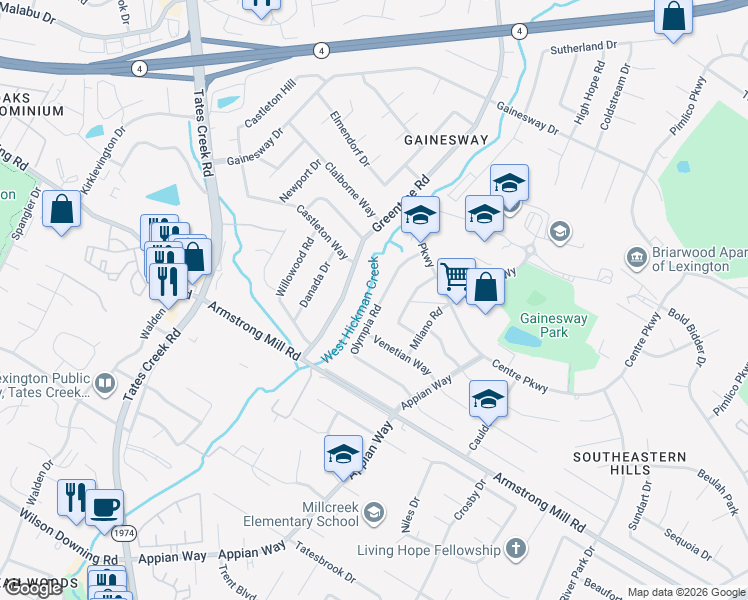 map of restaurants, bars, coffee shops, grocery stores, and more near 3545 Olympia Road in Lexington