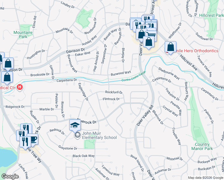 map of restaurants, bars, coffee shops, grocery stores, and more near 3852 Rockford Drive in Antioch