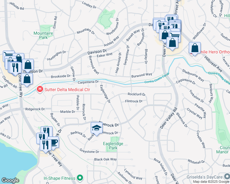 map of restaurants, bars, coffee shops, grocery stores, and more near 3942 Redstone Court in Antioch