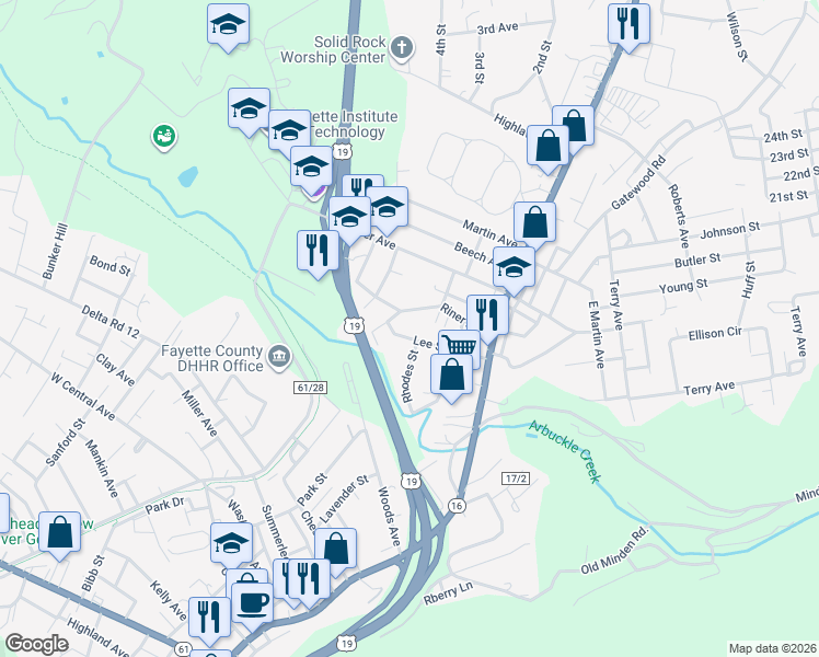 map of restaurants, bars, coffee shops, grocery stores, and more near 180 Lee Ave in Oak Hill