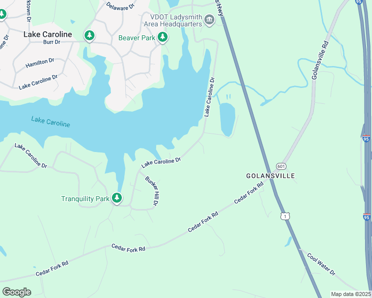 map of restaurants, bars, coffee shops, grocery stores, and more near 36 Lake Caroline Drive in Ruther Glen