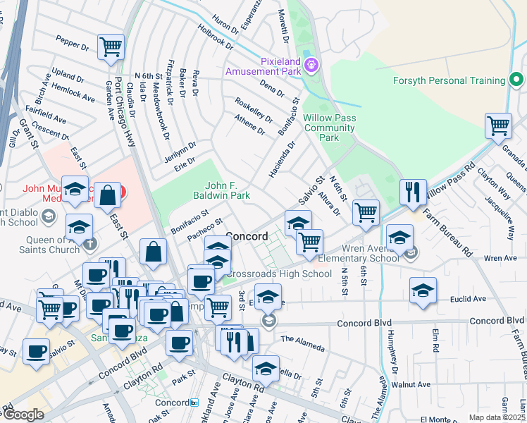 map of restaurants, bars, coffee shops, grocery stores, and more near 2039 Ricardo Drive in Concord