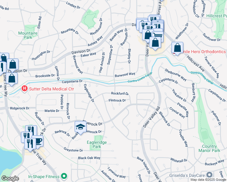 map of restaurants, bars, coffee shops, grocery stores, and more near 3900 Rockford Drive in Antioch