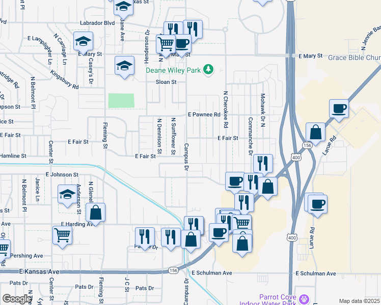 map of restaurants, bars, coffee shops, grocery stores, and more near 2007 Arapaho Drive North in Garden City