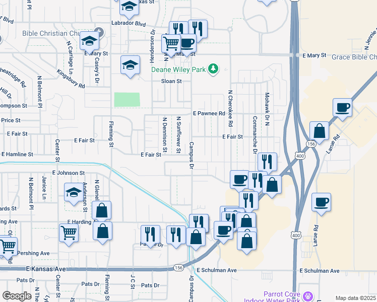 map of restaurants, bars, coffee shops, grocery stores, and more near 2010 North Sunflower Street in Garden City