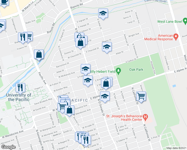 map of restaurants, bars, coffee shops, grocery stores, and more near 3608 North El Dorado Street in Stockton