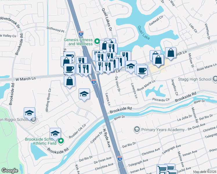 map of restaurants, bars, coffee shops, grocery stores, and more near 2645 Grand Canal Boulevard in Stockton