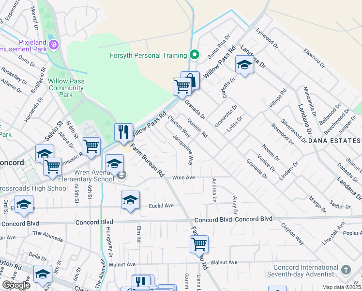 map of restaurants, bars, coffee shops, grocery stores, and more near 3491 Rogers Road in Concord